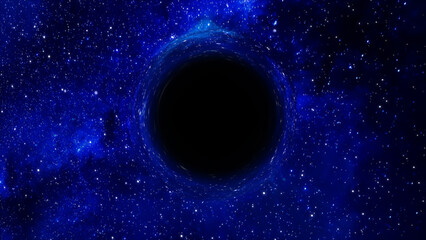 3D rendering of a supermassive black hole against a starry sky