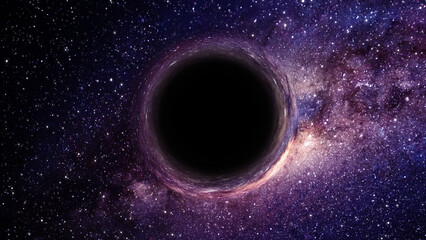 3D rendering of a supermassive black hole against a starry sky