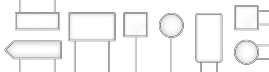 Set of white tablets, hanging panels, signboards with pointer isolated on a transparent background. Round and square signposts. 3D metal roadside pointers. Blank billboard