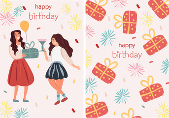 People celebrate birthday. Friends bearing presents and cake. Shared joy among. Concept of happiness, celebration. Illustration for or invitation postcard. Vector illustration.