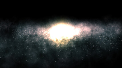 3D rendering of a bright galaxy consisting of nebulae and star clusters