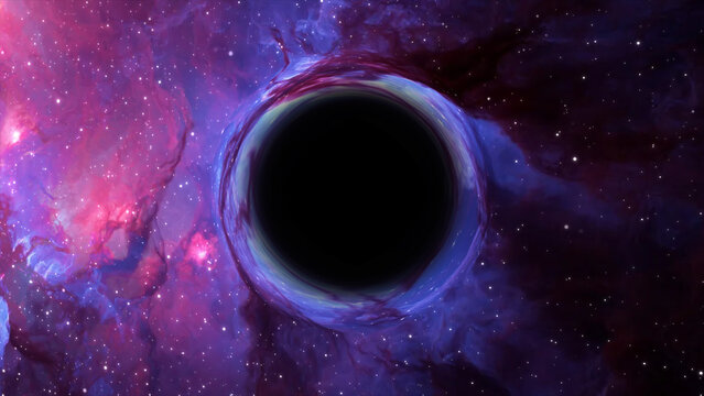 3D rendering of a supermassive black hole against a starry sky