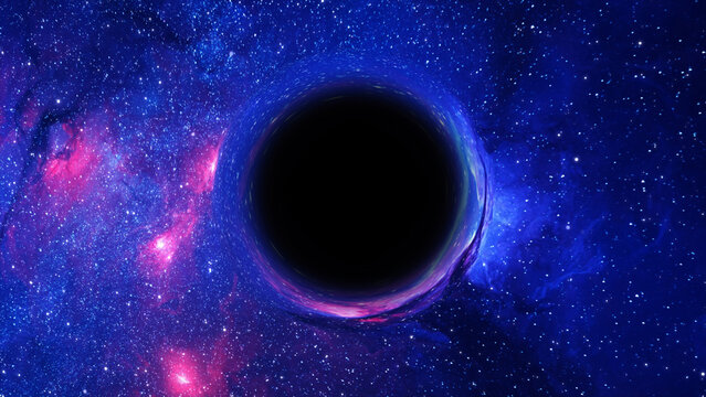 3D rendering of a supermassive black hole against a starry sky