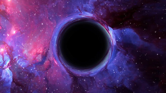 3D rendering of a supermassive black hole against a starry sky