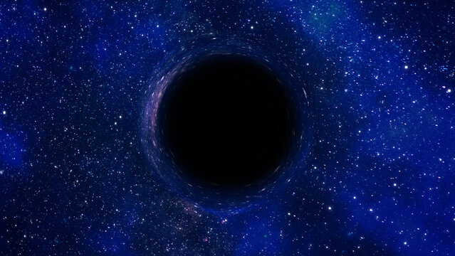 3D rendering of a supermassive black hole against a starry sky
