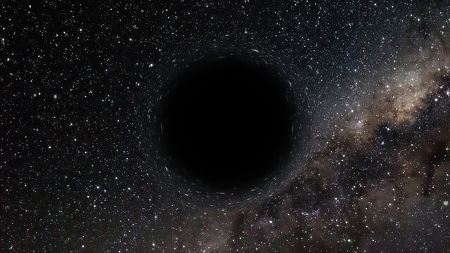3D rendering of a supermassive black hole against a starry sky