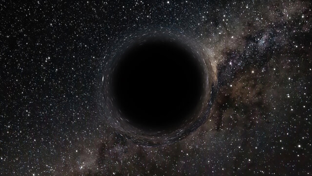 3D rendering of a supermassive black hole against a starry sky