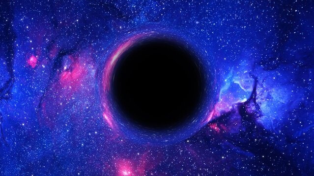 3D rendering of a supermassive black hole against a starry sky