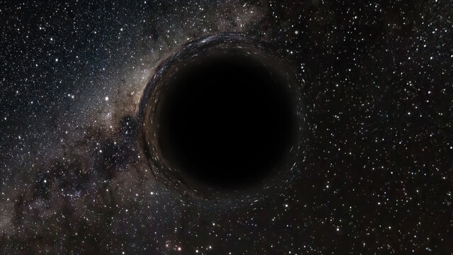 3D rendering of a supermassive black hole against a starry sky