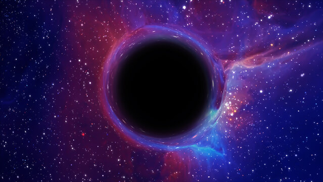 3D rendering of a supermassive black hole against a starry sky