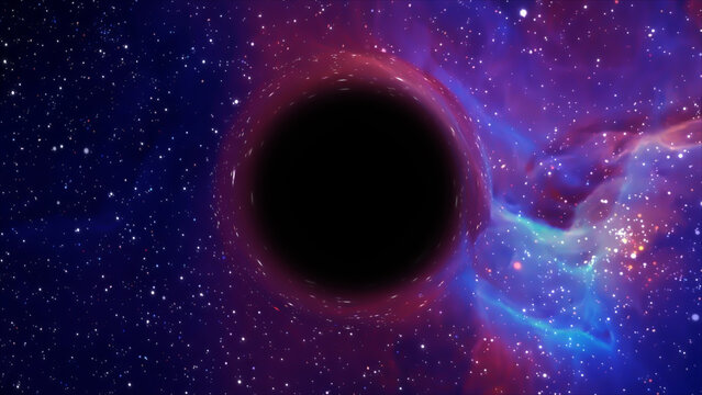 3D rendering of a supermassive black hole against a starry sky