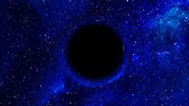 3D rendering of a supermassive black hole against a starry sky