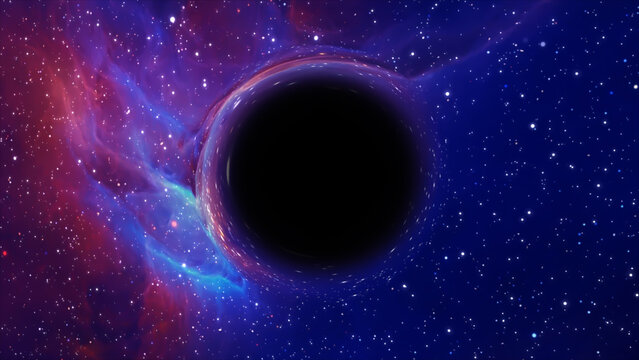 3D rendering of a supermassive black hole against a starry sky