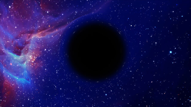 3D rendering of a supermassive black hole against a starry sky