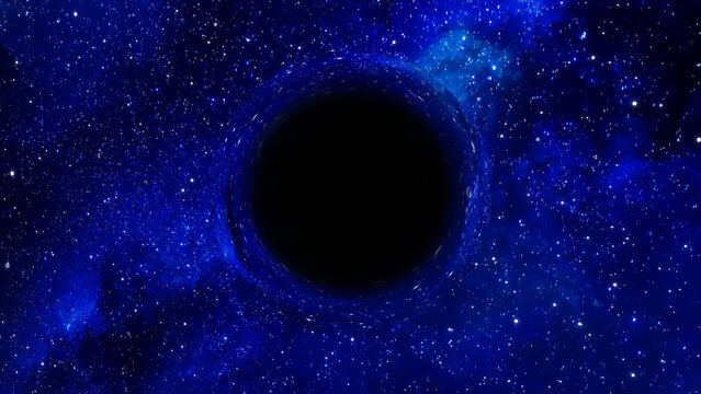 3D rendering of a supermassive black hole against a starry sky