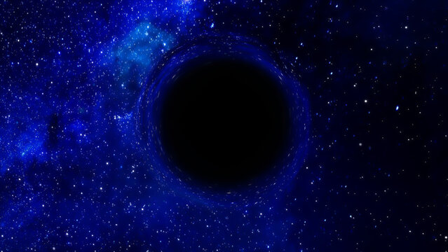 3D rendering of a supermassive black hole against a starry sky