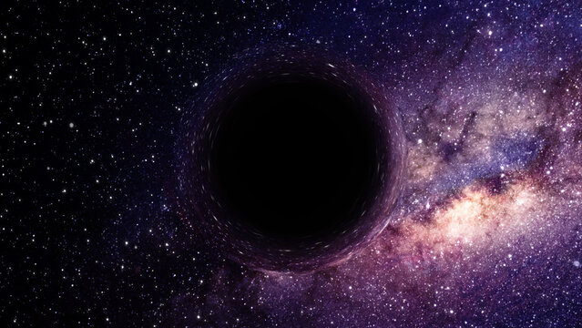 3D rendering of a supermassive black hole against a starry sky
