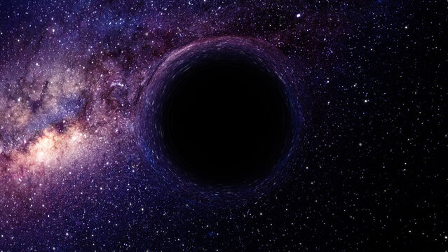 3D rendering of a supermassive black hole against a starry sky