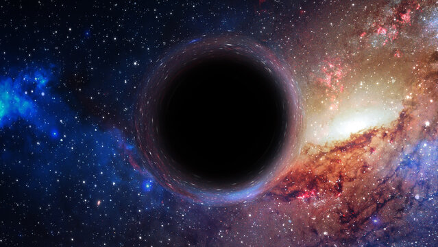 3D rendering of a supermassive black hole against a starry sky