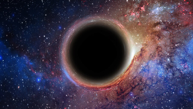 3D rendering of a supermassive black hole against a starry sky