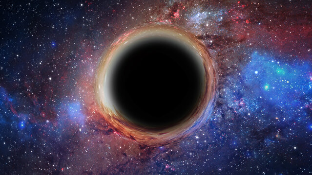 3D rendering of a supermassive black hole against a starry sky