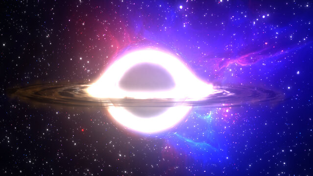 3D rendering of a supermassive black hole against a starry sky