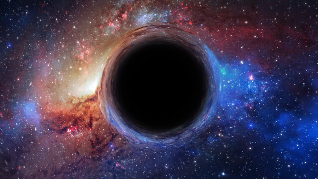 3D rendering of a supermassive black hole against a starry sky