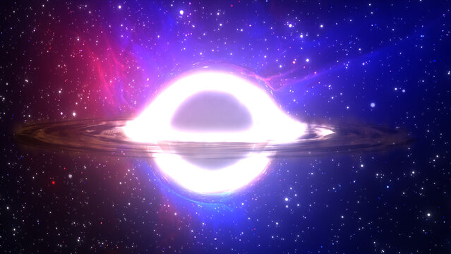 3D rendering of a supermassive black hole against a starry sky