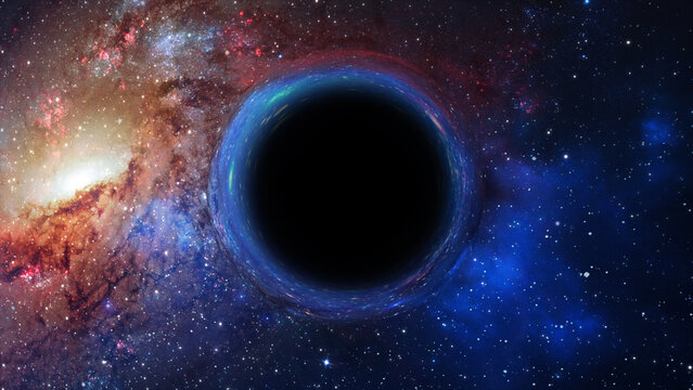 3D rendering of a supermassive black hole against a starry sky