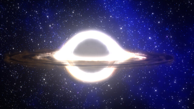 3D rendering of a supermassive black hole against a starry sky