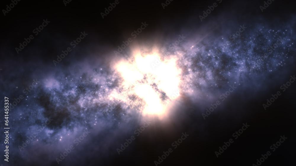 Sticker 3d rendering of a bright galaxy consisting of nebulae and star clusters