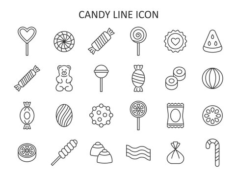 Candy line icon set. Symbol collection with lollipop, sweets, caramel, candy cane, chocolate, gummy bear. Vector illustration.