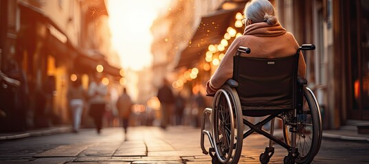 woman in a wheelchair driving through the city street - obrazy, fototapety, plakaty