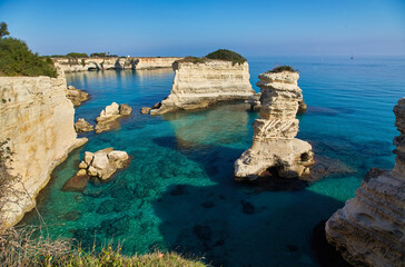 sea scenery in Puglia. Italy. Torre di Sant Andrea - famous beach with rock formations near Otranto...