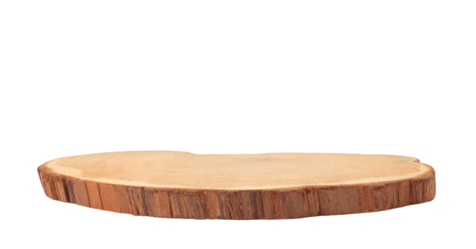Wooden eco rustic pine tree wood circle disc platform podium on light beige background. Minimal empty display product presentation scene.