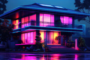 Modern residential building, with beautiful neon lighting