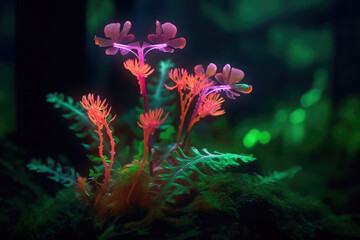 Plants glowing in neon light, at night.