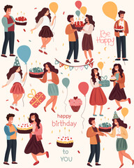 Birthday joy, Gathering of friends bearing presents and cake. Men and women enjoy mutual merriment, epitomizing celebration and happiness. Gleeful faces all around. Vector.