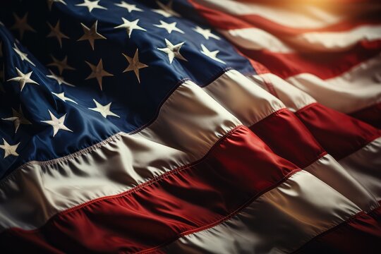 closeup image of american flags, in the style of soft atmospheric light