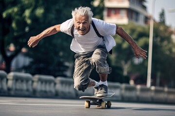 Senior man on scateboard