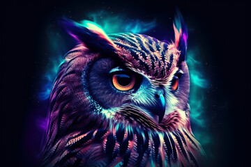 Owl, owl close-up in purple and magenta colors.
