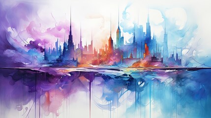 Colorful abstract city landscape painting in shades of violet and pink. Paint waves. 