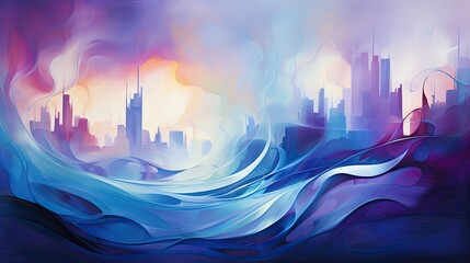 Colorful abstract city landscape painting in shades of violet and pink. Paint waves. 