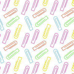 Seamless pattern of bright colorful paper clips. Abstract backdrop texture of school stationery. EPS