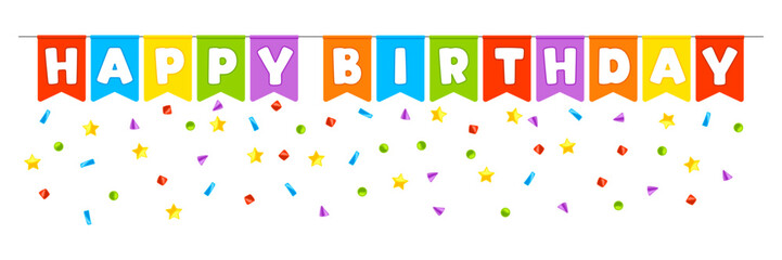 Happy Birthday flags. Party invitation with color garland.