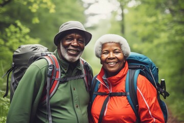 Hiking black couple smiling. Generate Ai