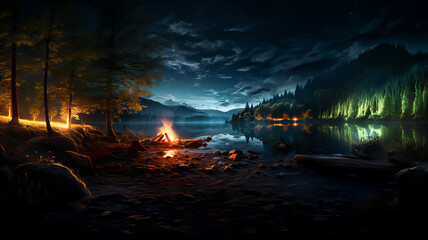 Black background. A small bonfire on the shore of a mountain lake or river. Night scene. Generative AI technology.