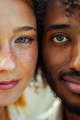 Portrait of two people, one white and one black together, concept of ethnic inclusion and respect