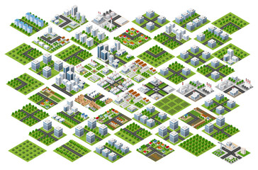 City module creator isometric concept of urban infrastructure business