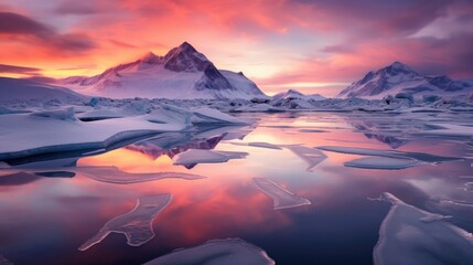 polar landscape at sunset, with the sky aglow in a kaleidoscope of reds, oranges, and pinks,...